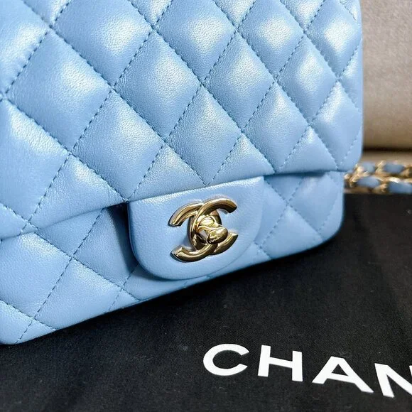 98% NEW CHANEL LAMB SKIN BABY BLUE SQUARE FLAP BAG - Picture 2 of 15
